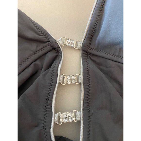 Boston Proper Gray Halter One-Piece Swimsuit Rhinestone Details Size 10 - Picture 3 of 11